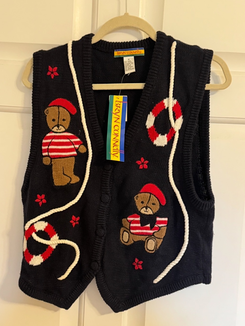 NWT Vtg 90s Bryn Connelly Teddy Bear Nautical Sweater Vest Grandmacore size M